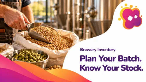 Un cervecero sacando malta junto a lúpulos y tanques para el inventario cervecero, con el texto Planea tu lote, conoce tus existencias.