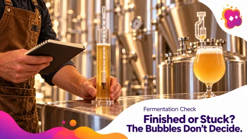 A brewer reads a hydrometer beside fermenters and a beer glass, with the text Finished or Stuck? The Bubbles Don't Decide.