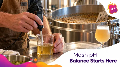 Brewer measuring mash pH in a cooled wort sample beside a stainless steel mash tun.