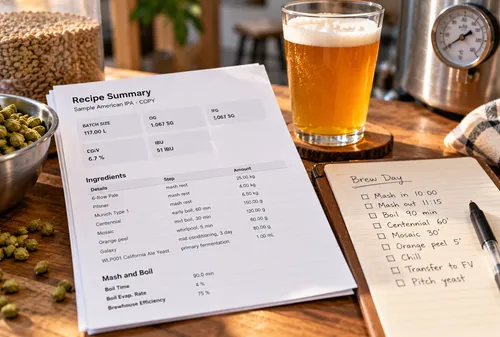 Foambyte printable brew day recipe summary and handwritten batch notes on a brewery table